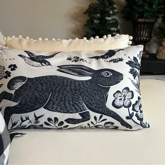 Set of 2 Folk Art Hare Lumbar Pillow Covers, Black & White Woodland, Cottagecore - Picture 2 of 6